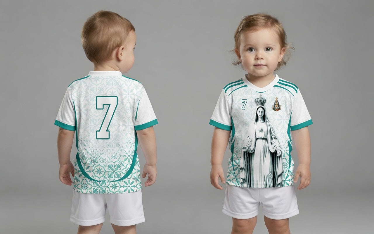 Front and back view of Portugal 2026 away jersey in white and teal with Our Lady of Fatima and Azulejos tile motifs