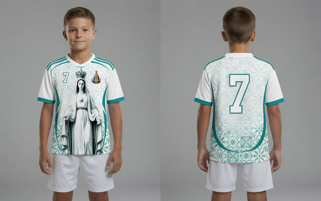 Front and back view of Portugal 2026 away jersey in white and teal with Our Lady of Fatima and Azulejos tile motifs