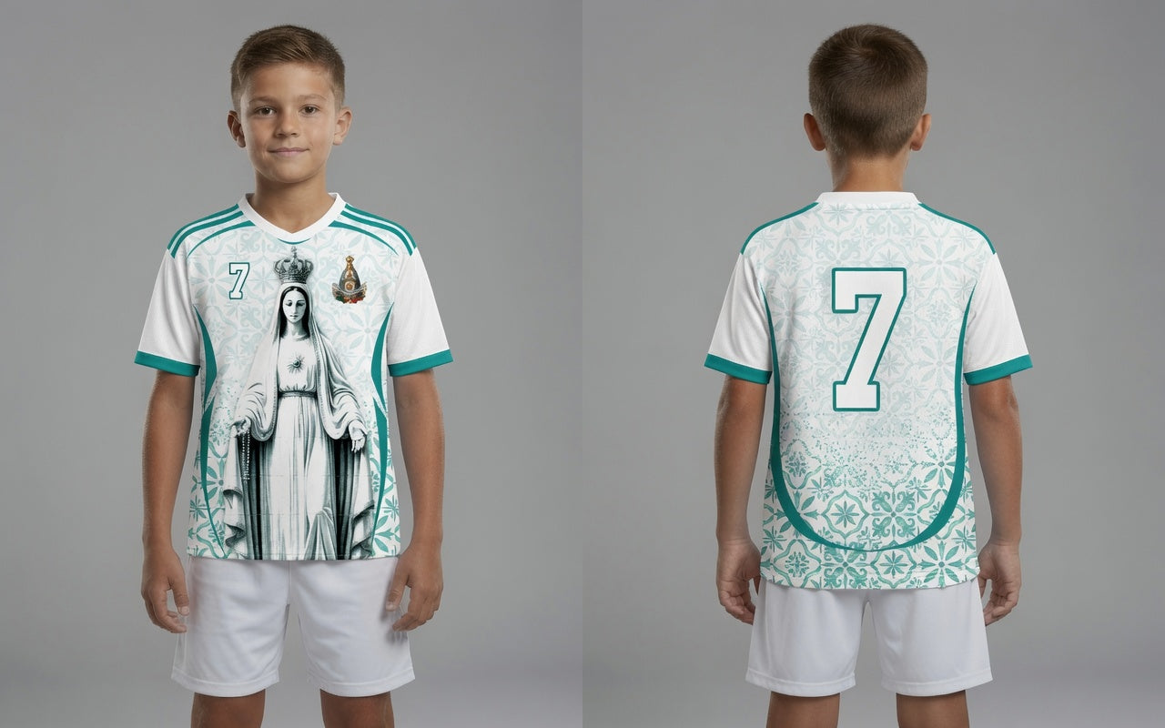 Front and back view of Portugal 2026 away jersey in white and teal with Our Lady of Fatima and Azulejos tile motifs