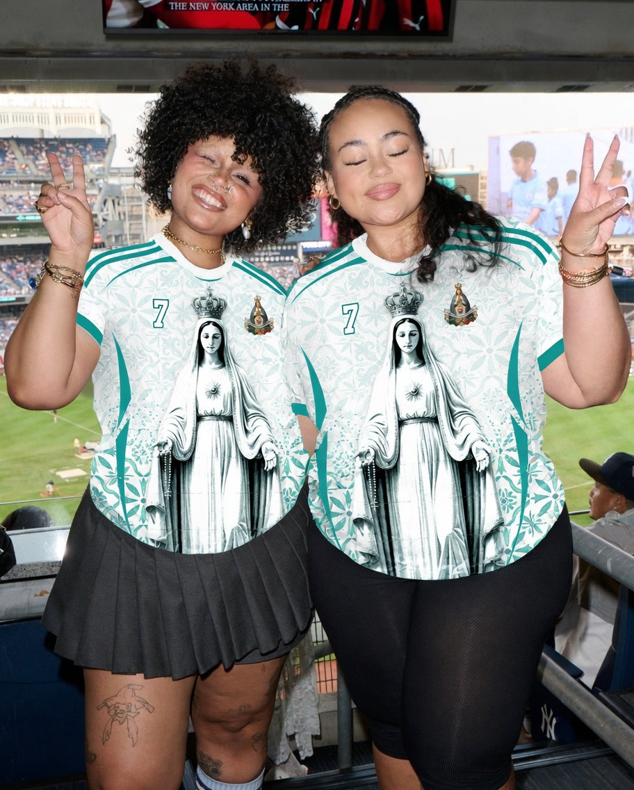 Front and back view of Portugal 2026 away jersey in white and teal with Our Lady of Fatima and Azulejos tile motifs