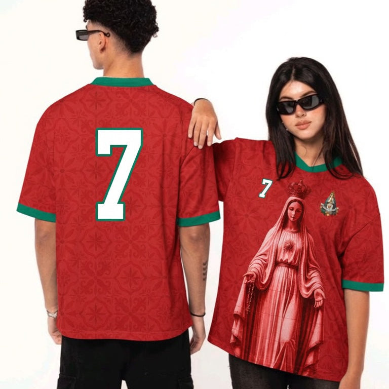 Front and back view of Portugal 2026 home jersey in red with Our Lady of Fatima and Azulejos tile motifs