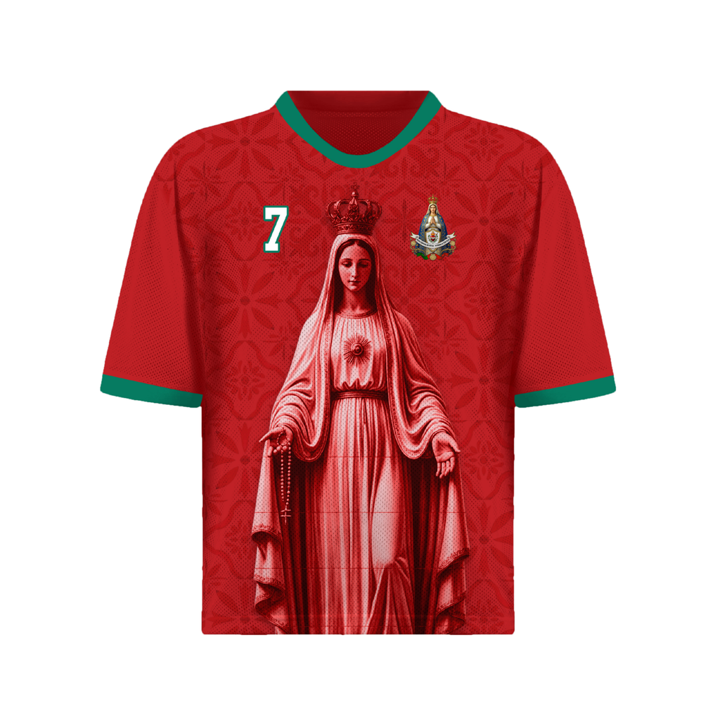 Front and back view of Portugal 2026 home jersey in red with Our Lady of Fatima and Azulejos tile motifs