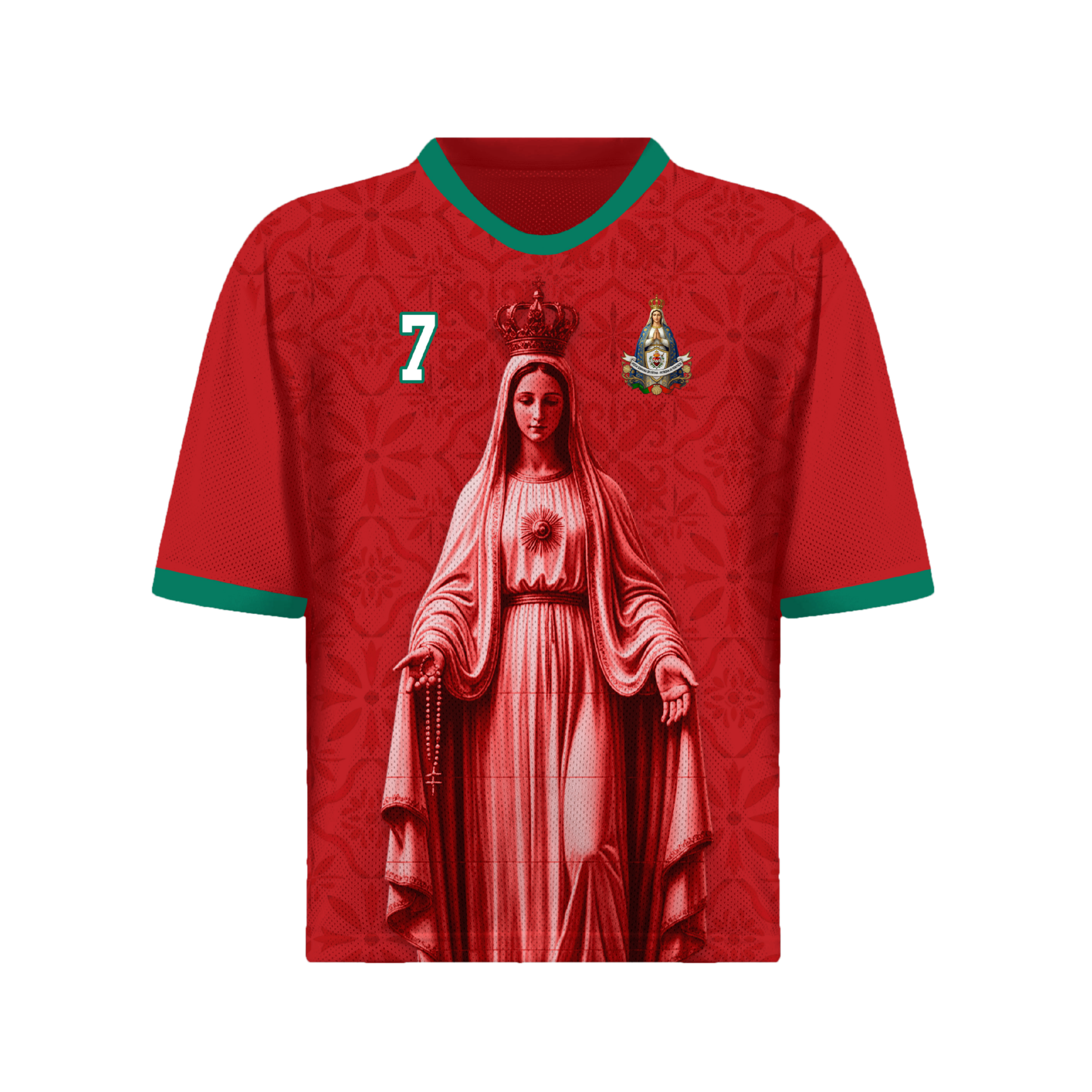 Front and back view of Portugal 2026 home jersey in red with Our Lady of Fatima and Azulejos tile motifs