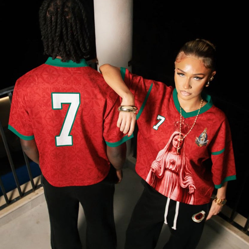 Front and back view of Portugal 2026 home jersey in red with Our Lady of Fatima and Azulejos tile motifs