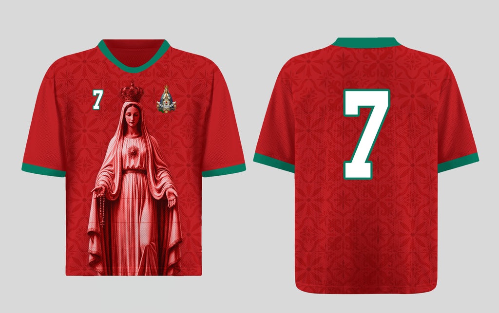 Front and back view of Portugal 2026 home jersey in red with Our Lady of Fatima and Azulejos tile motifs