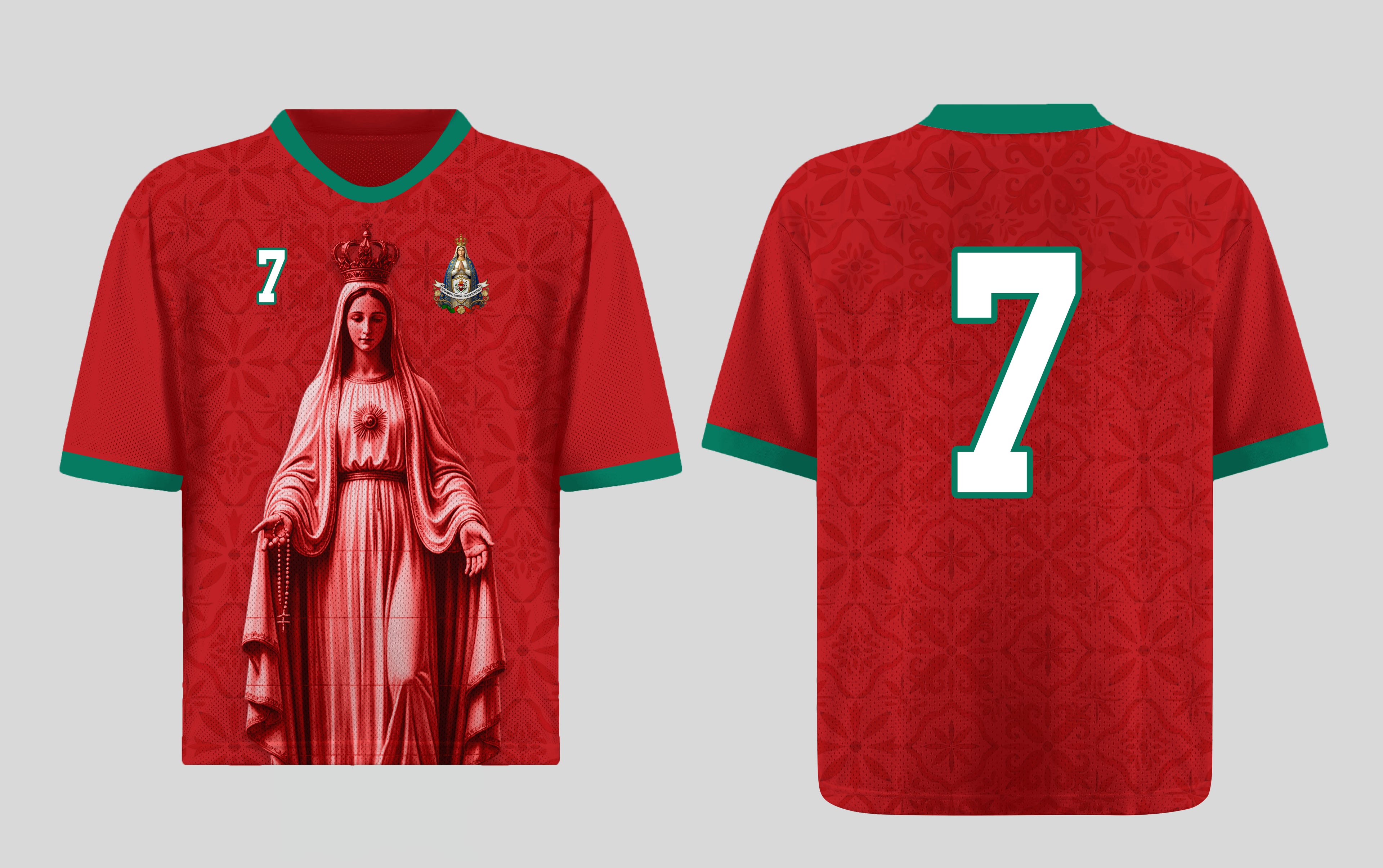 Front and back view of Portugal 2026 home jersey in red with Our Lady of Fatima and Azulejos tile motifs