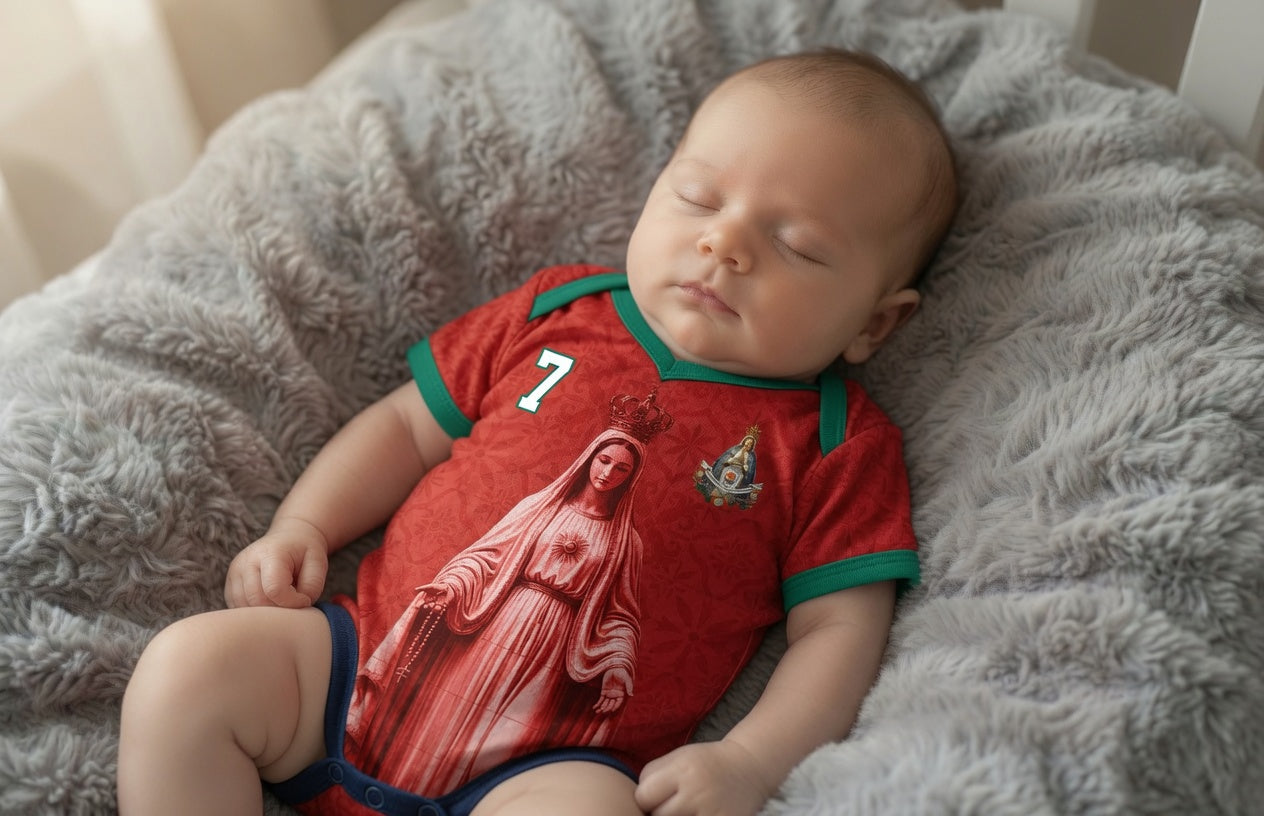 Front and back view of Portugal 2026 home jersey in red with Our Lady of Fatima and Azulejos tile motifs