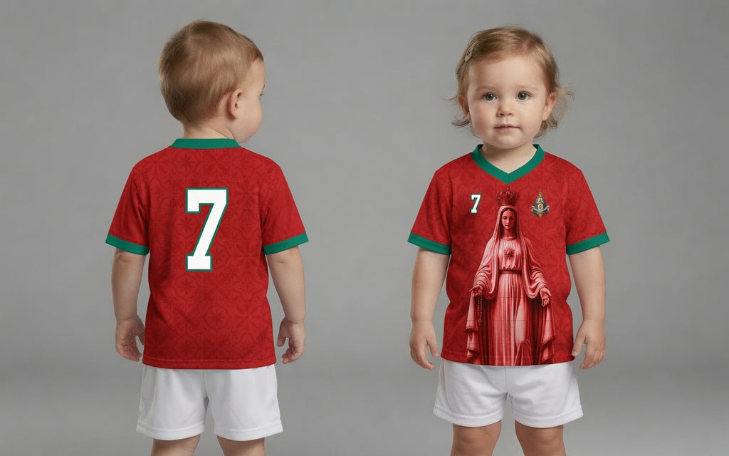 Front and back view of Portugal 2026 home jersey in red with Our Lady of Fatima and Azulejos tile motifs