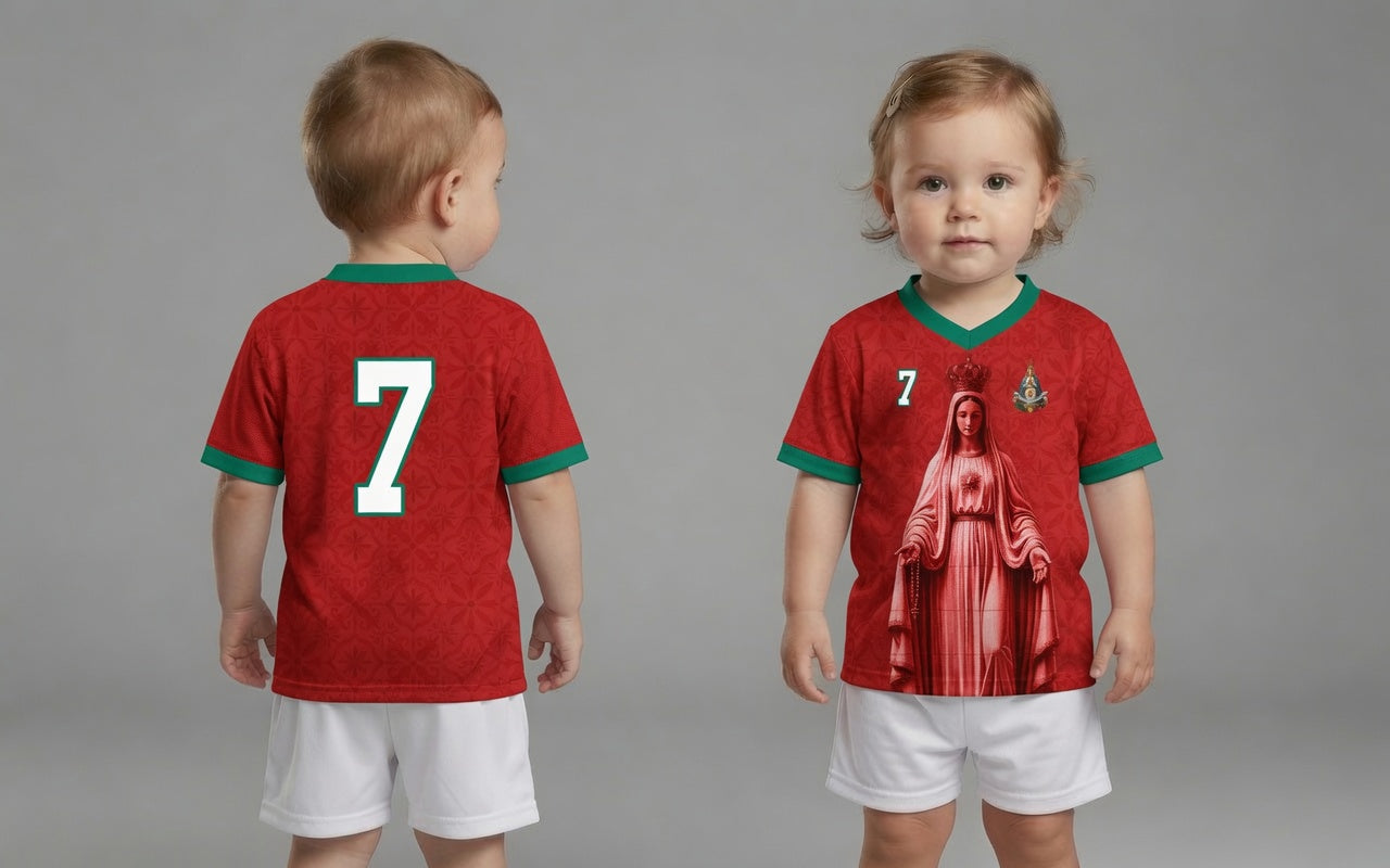Front and back view of Portugal 2026 home jersey in red with Our Lady of Fatima and Azulejos tile motifs