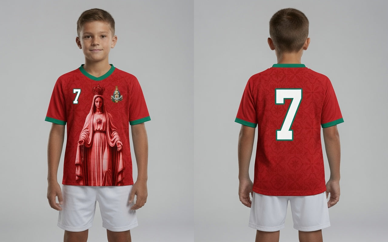 Front and back view of Portugal 2026 home jersey in red with Our Lady of Fatima and Azulejos tile motifs