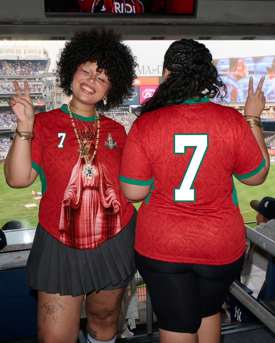 Front and back view of Portugal 2026 home jersey in red with Our Lady of Fatima and Azulejos tile motifs
