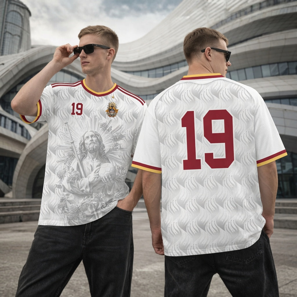 Front and back view of Spain 2026 away jersey in white with Saint James graphics and red number 19