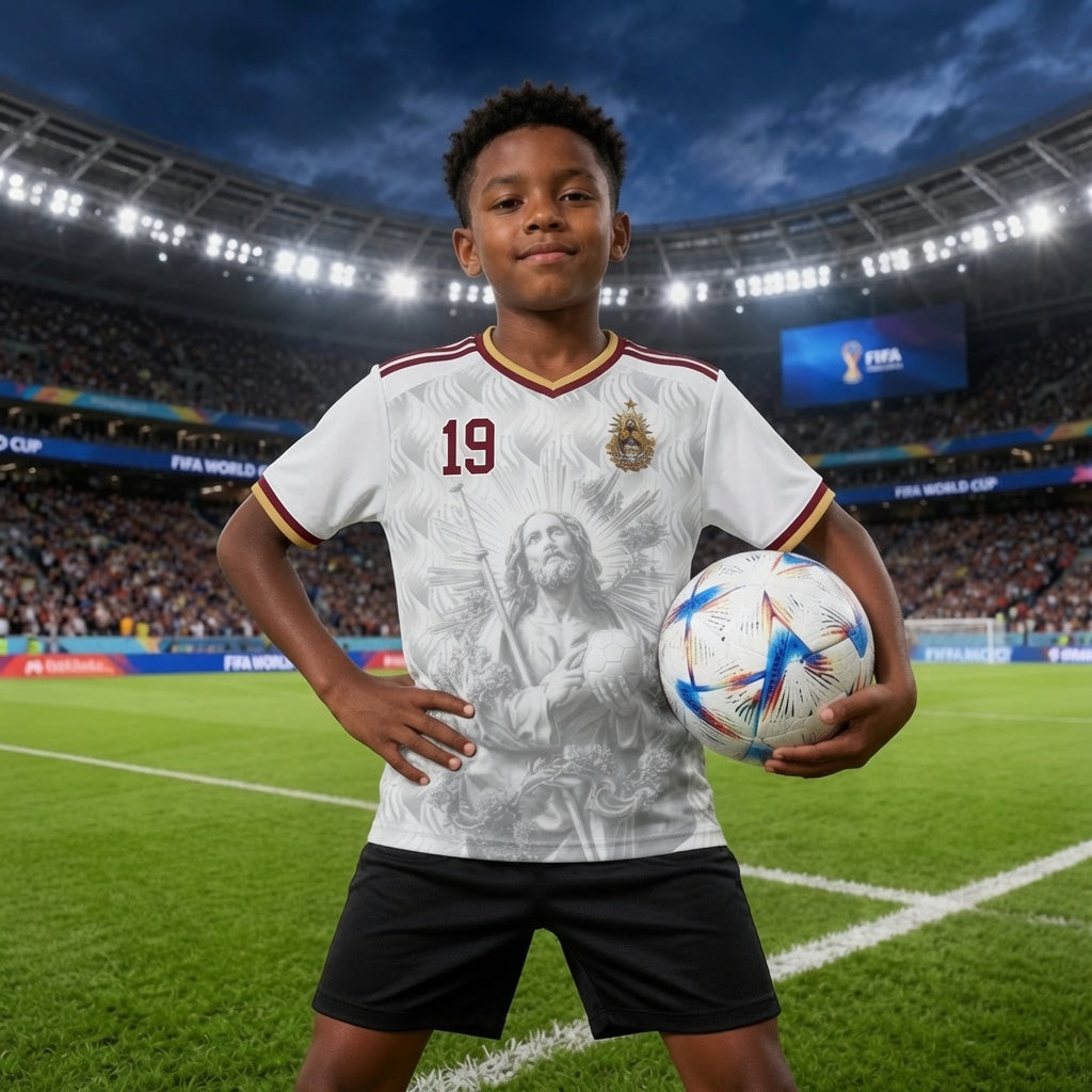 Front and back view of Spain 2026 away jersey in white with Saint James graphics and red number 19 by Varldens