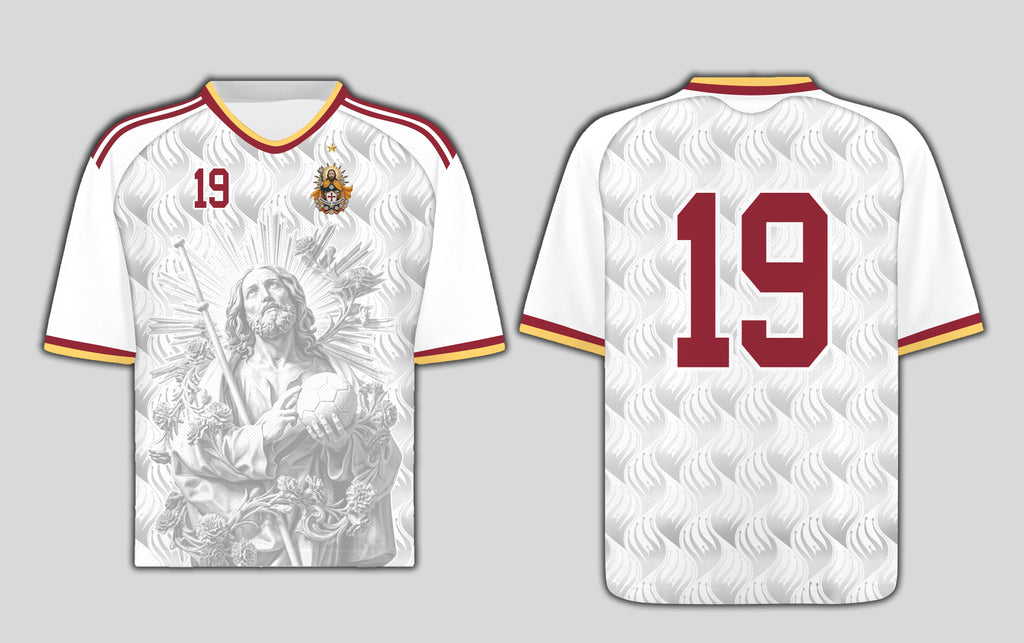 Front and back view of Spain 2026 away jersey in white with Saint James graphics and red number 19