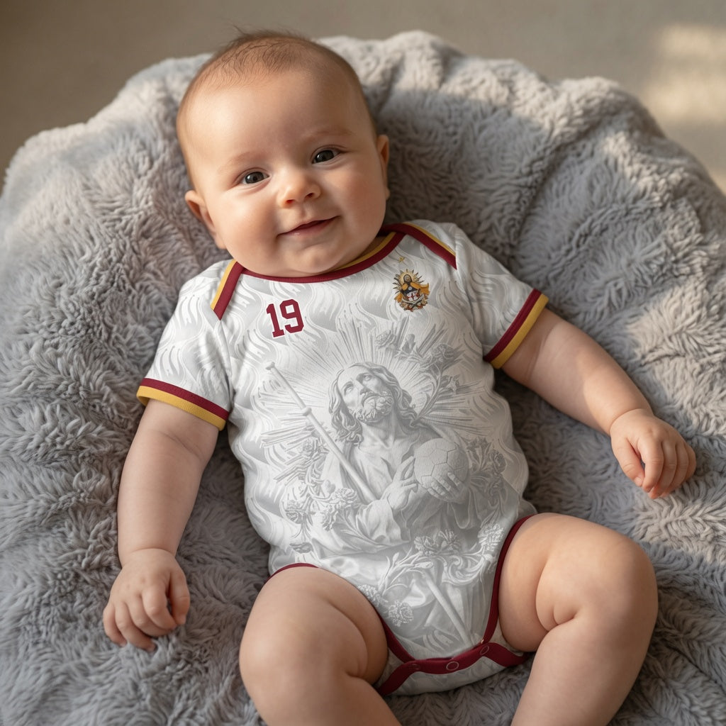 Front and back view of Spain 2026 away jersey in white with Saint James graphics and red number 19