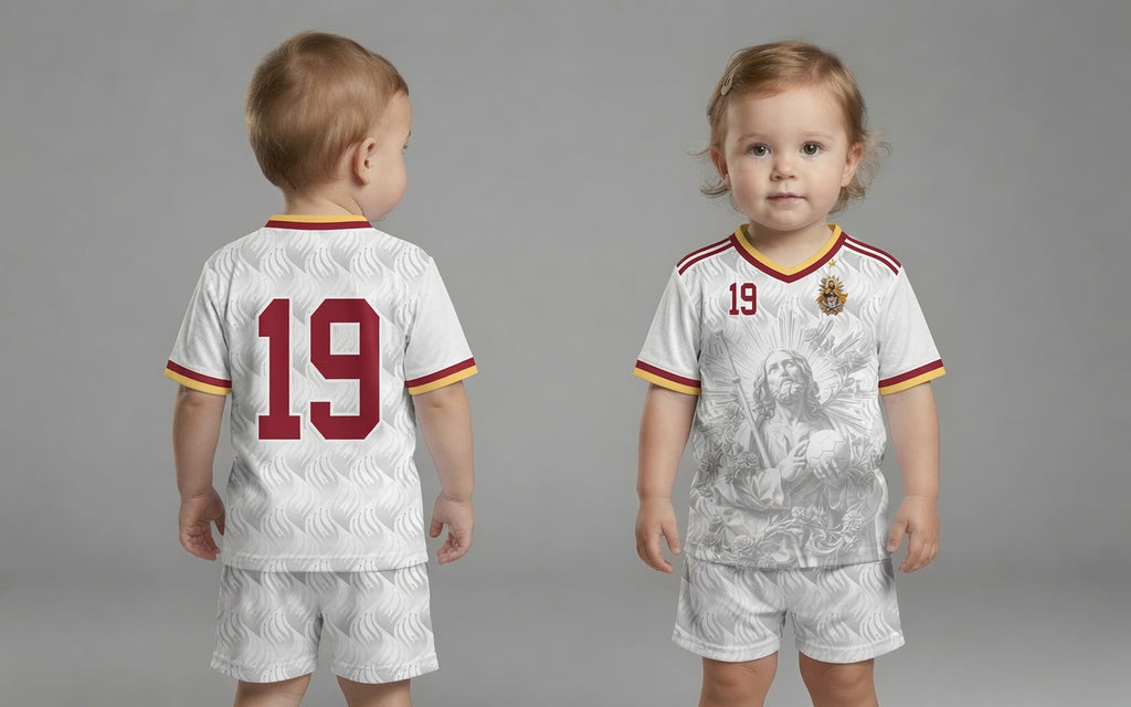 Front and back view of Spain 2026 away jersey in white with Saint James graphics and red number 19