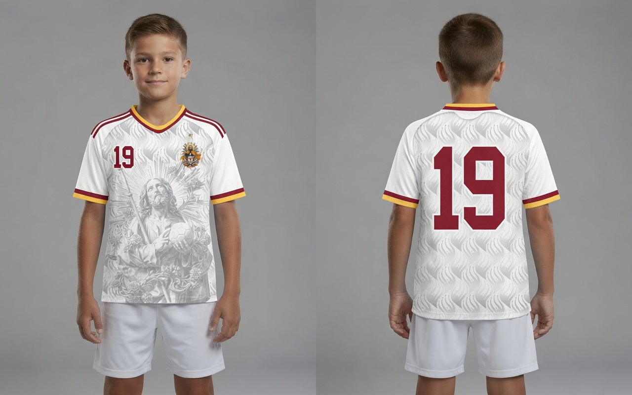 Front and back view of Spain 2026 away jersey in white with Saint James graphics and red number 19