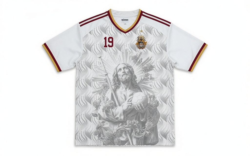 Front and back view of Spain 2026 away jersey in white with Saint James graphics and red number 19
