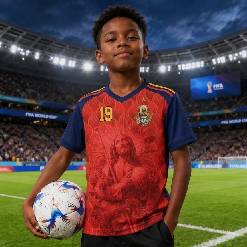 Front and back view of Spain 2026 home jersey by Varldens in red and navy with Saint James graphics and sublimated flame patterns 