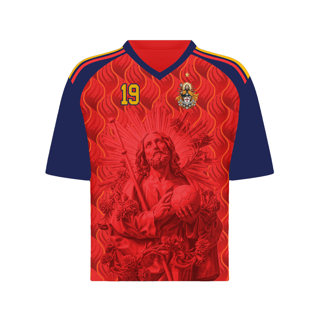 Front and back view of Spain 2026 home jersey in red and navy with Saint James graphics and sublimated flame patterns