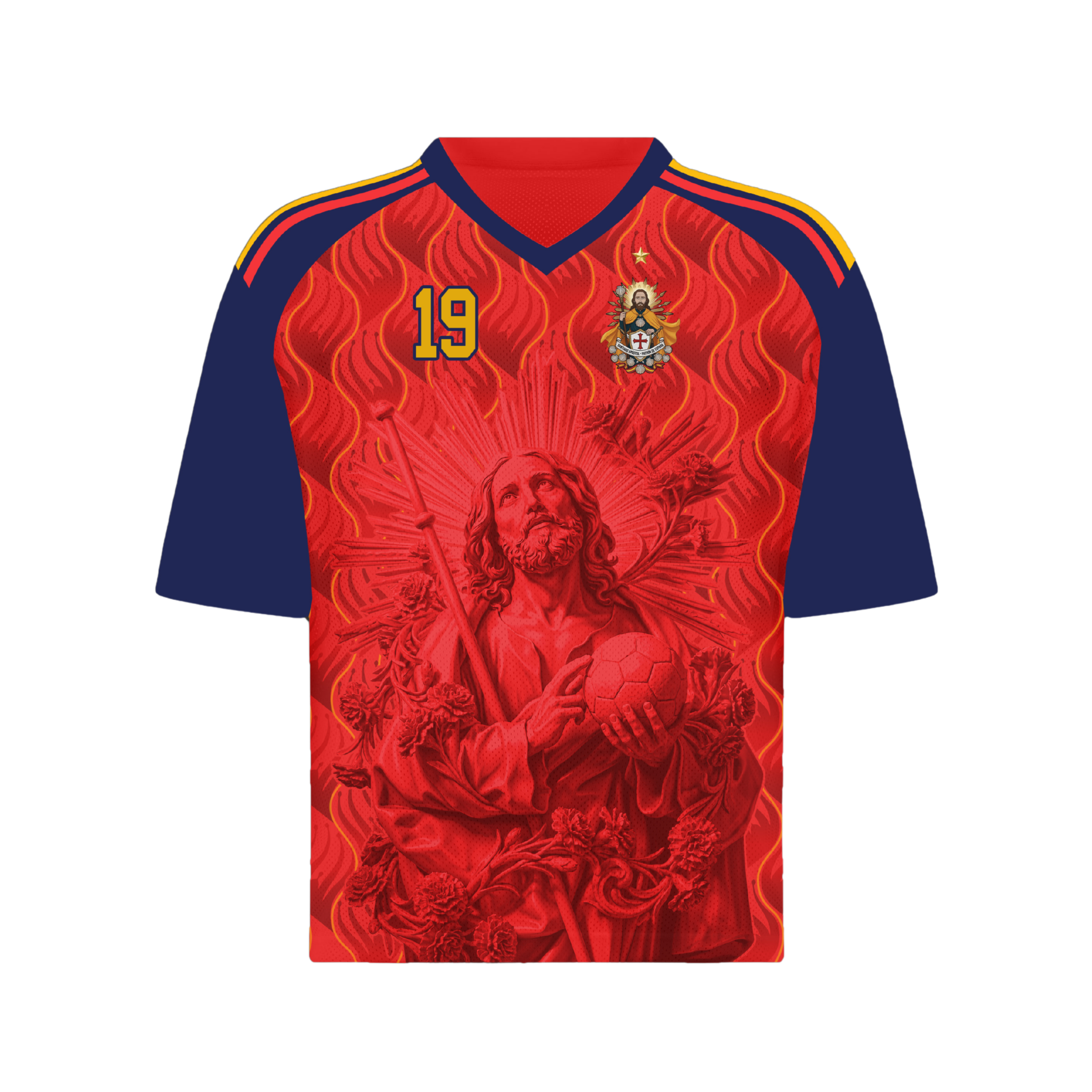 Front and back view of Spain 2026 home jersey in red and navy with Saint James graphics and sublimated flame patterns