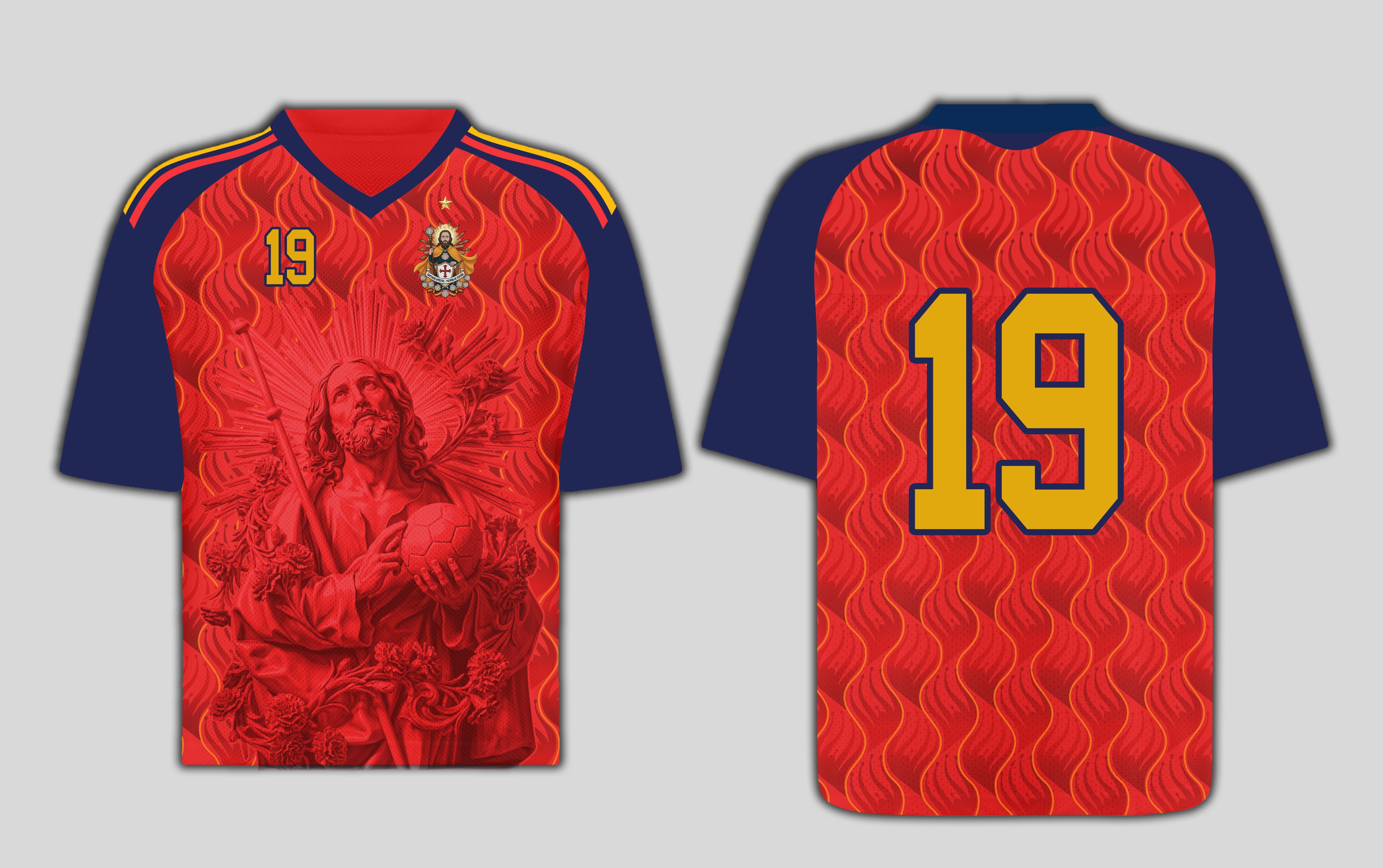 Front and back view of Spain 2026 home jersey in red and navy with Saint James graphics and sublimated flame patterns