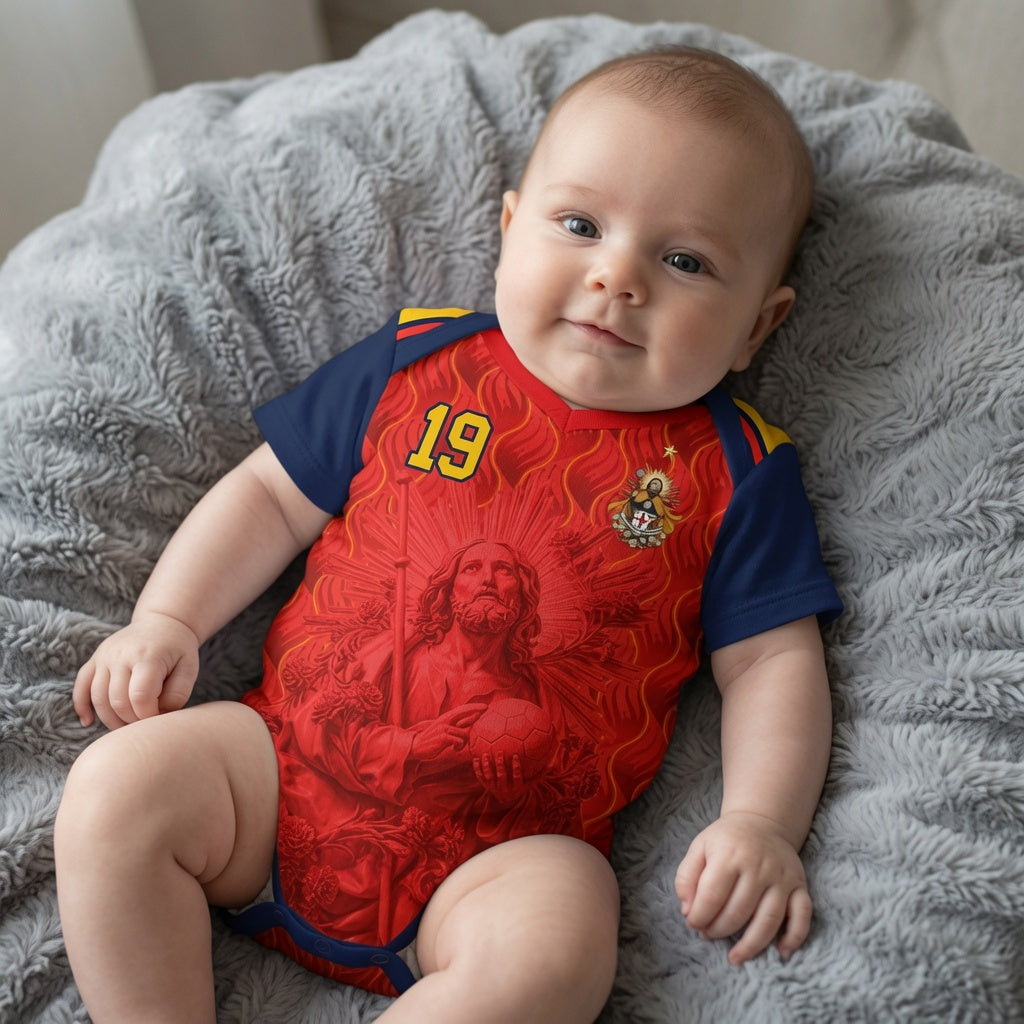 Front and back view of Spain 2026 home jersey in red and navy with Saint James graphics and sublimated flame patterns
