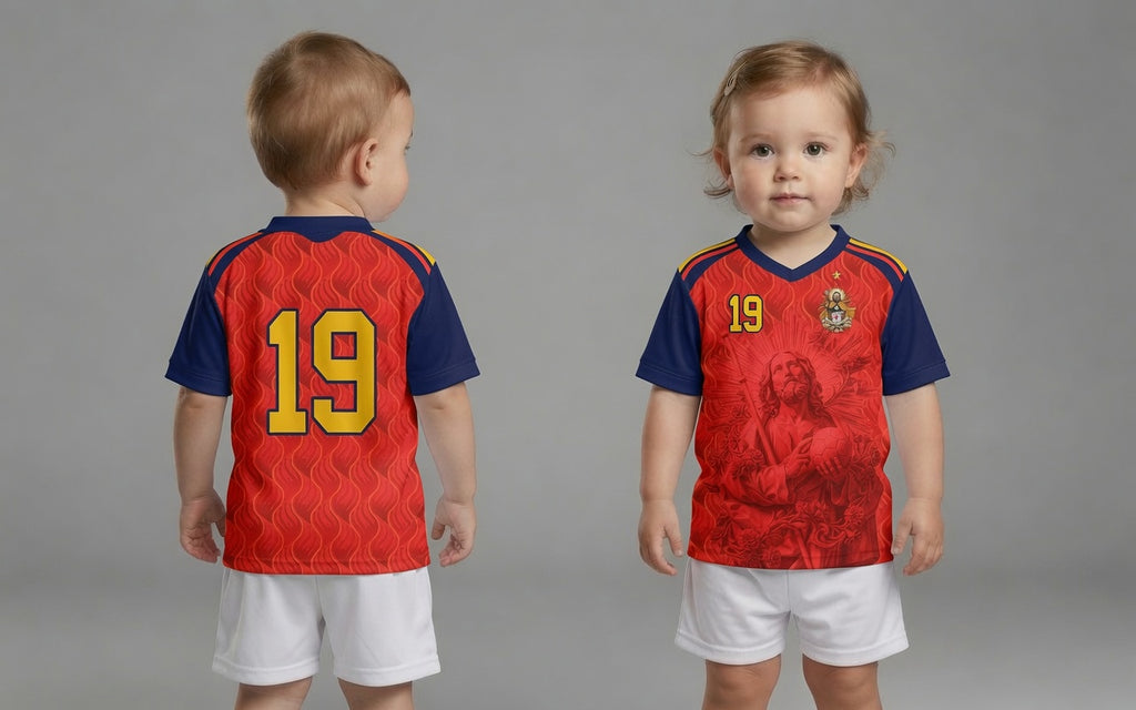 Front and back view of Spain 2026 home jersey in red and navy with Saint James graphics and sublimated flame patterns