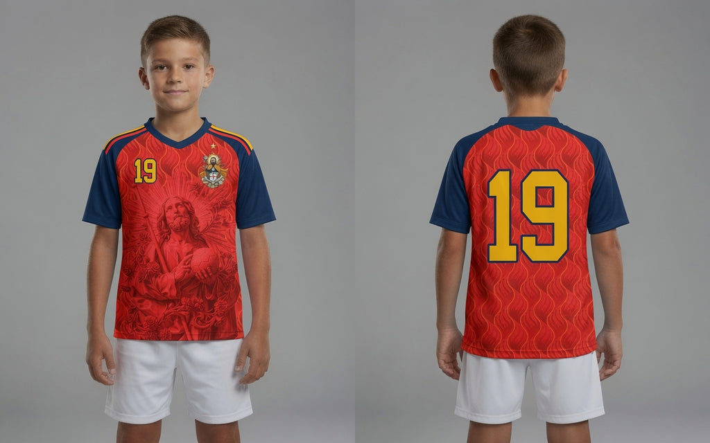 Front and back view of Spain 2026 home jersey in red and navy with Saint James graphics and sublimated flame patterns