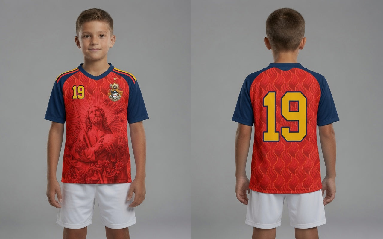 Front and back view of Spain 2026 home jersey in red and navy with Saint James graphics and sublimated flame patterns