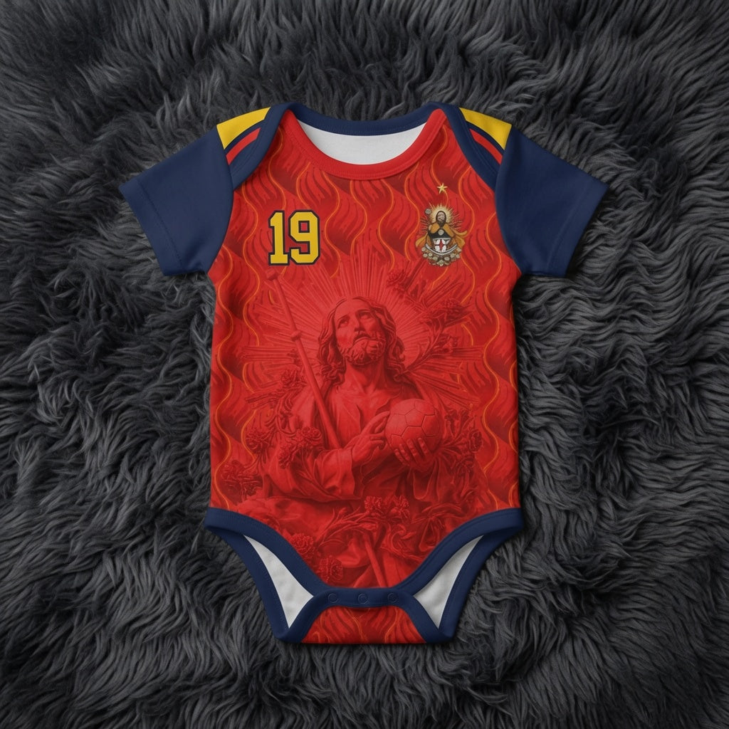 Front and back view of Spain 2026 home jersey in red and navy with Saint James graphics and sublimated flame patterns