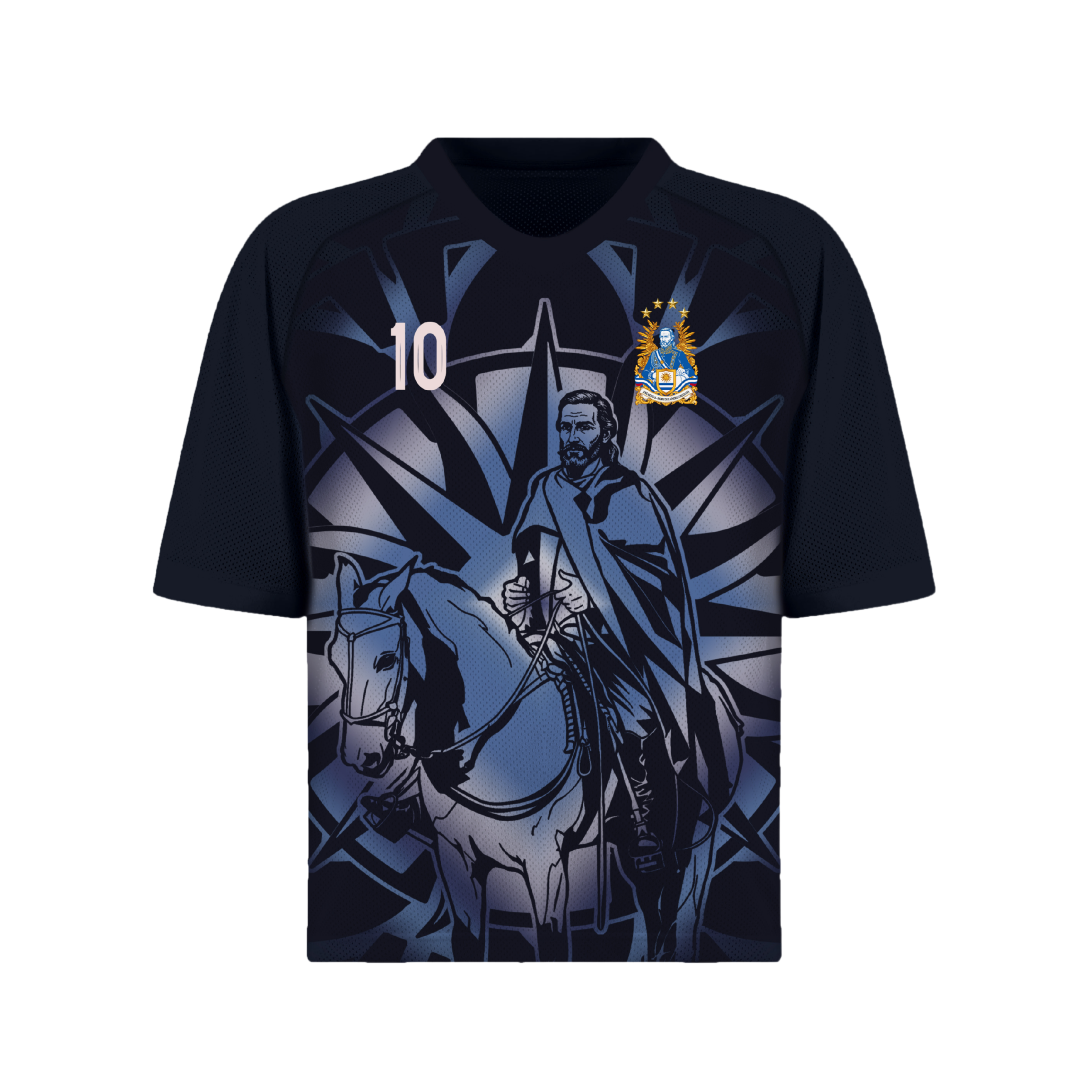 Front and back view of Uruguay 2026 away jersey in midnight navy with silver Jose Artigas and Sun of May motifs