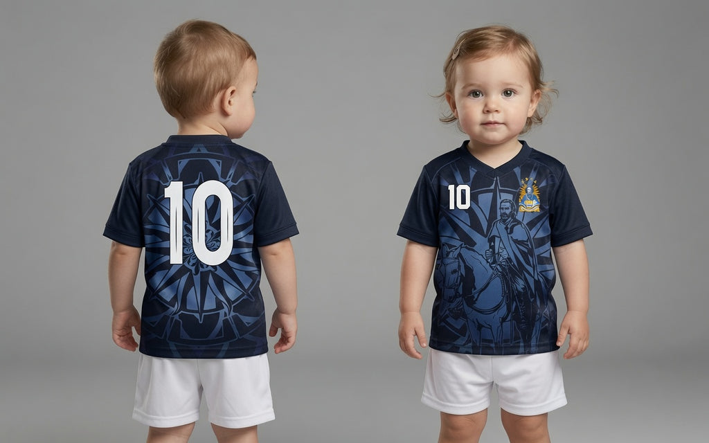Front and back view of Uruguay 2026 away jersey in midnight navy with silver Jose Artigas and Sun of May motifs