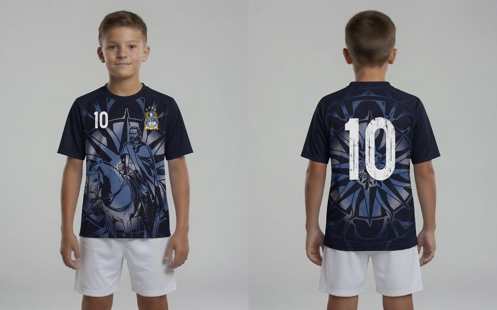 Front and back view of Uruguay 2026 away jersey in midnight navy with silver Jose Artigas and Sun of May motifs