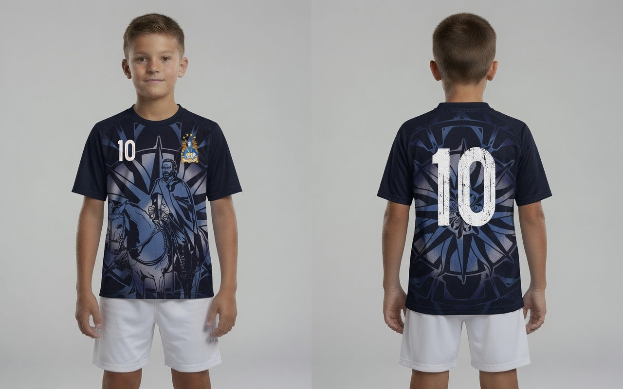 Front and back view of Uruguay 2026 away jersey in midnight navy with silver Jose Artigas and Sun of May motifs