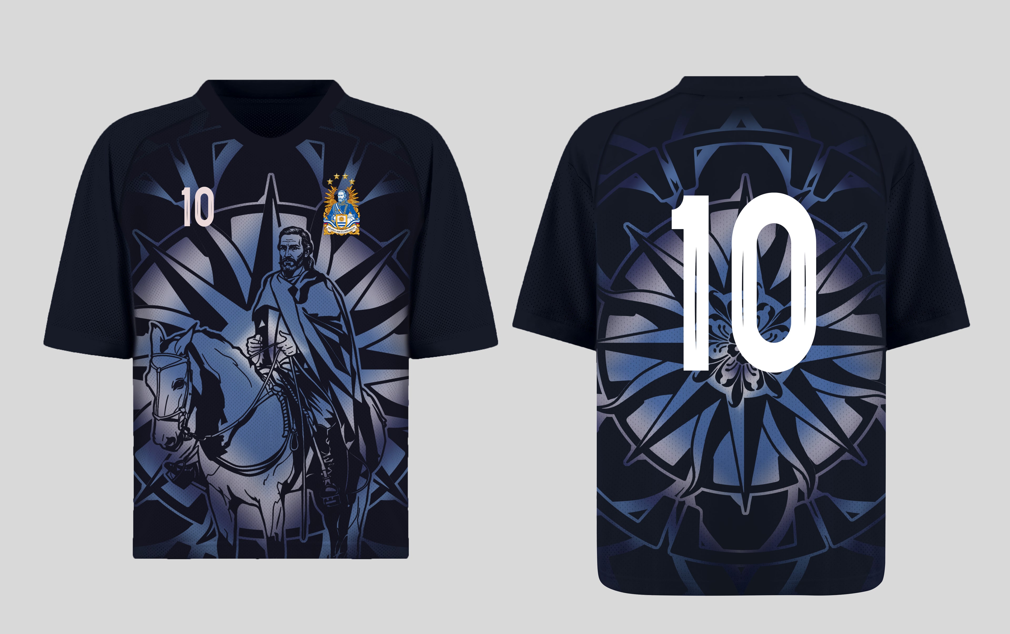Front and back view of Uruguay 2026 away jersey in midnight navy with silver Jose Artigas and Sun of May motifs