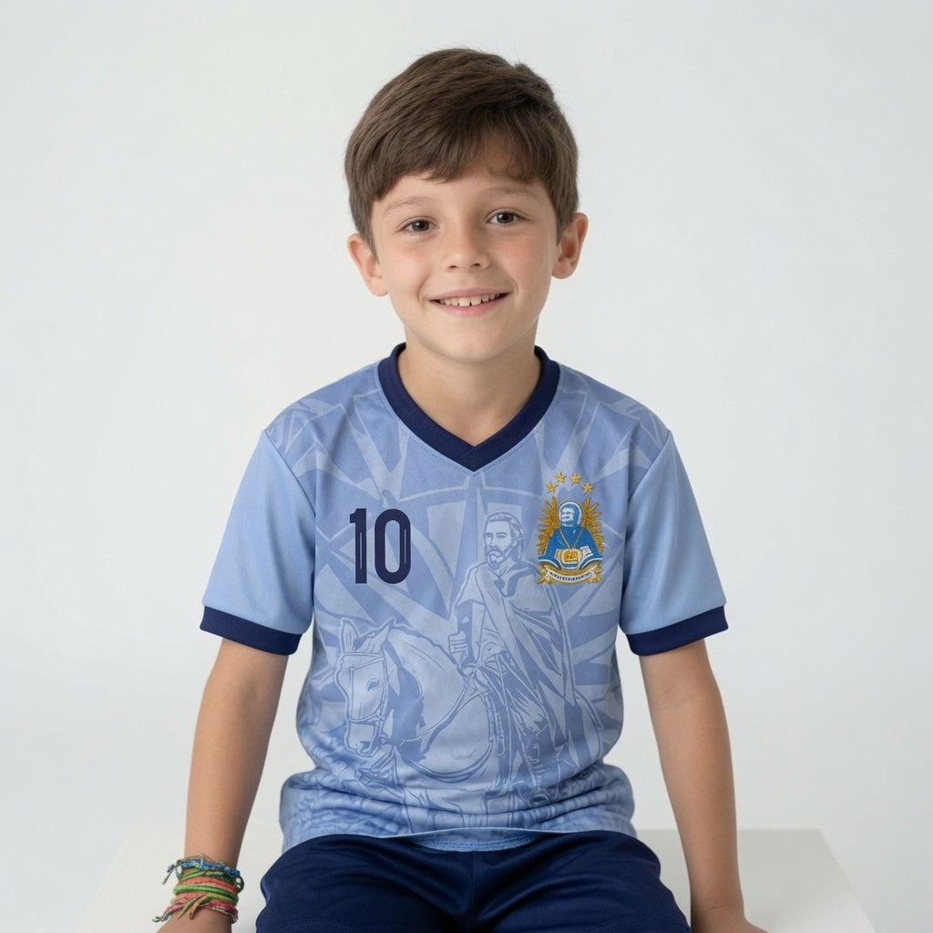 Front and back view of Uruguay 2026 home jersey in sky blue with General Jose Artigas and Sun of May motifs