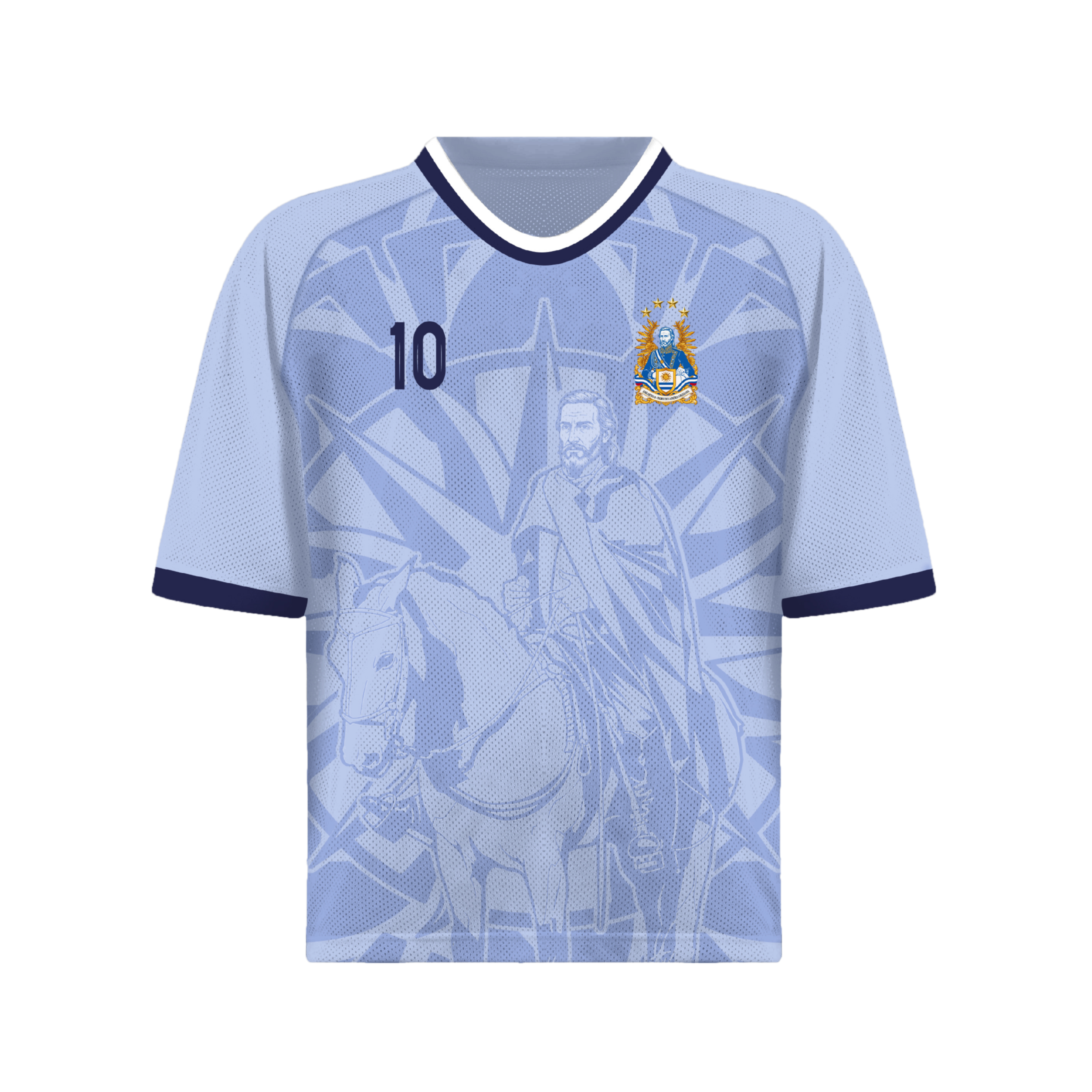 Front and back view of Uruguay 2026 home jersey in sky blue with General Jose Artigas and Sun of May motifs