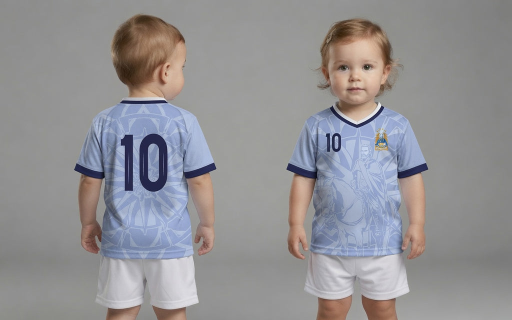 Front and back view of Uruguay 2026 home jersey in sky blue with General Jose Artigas and Sun of May motifs