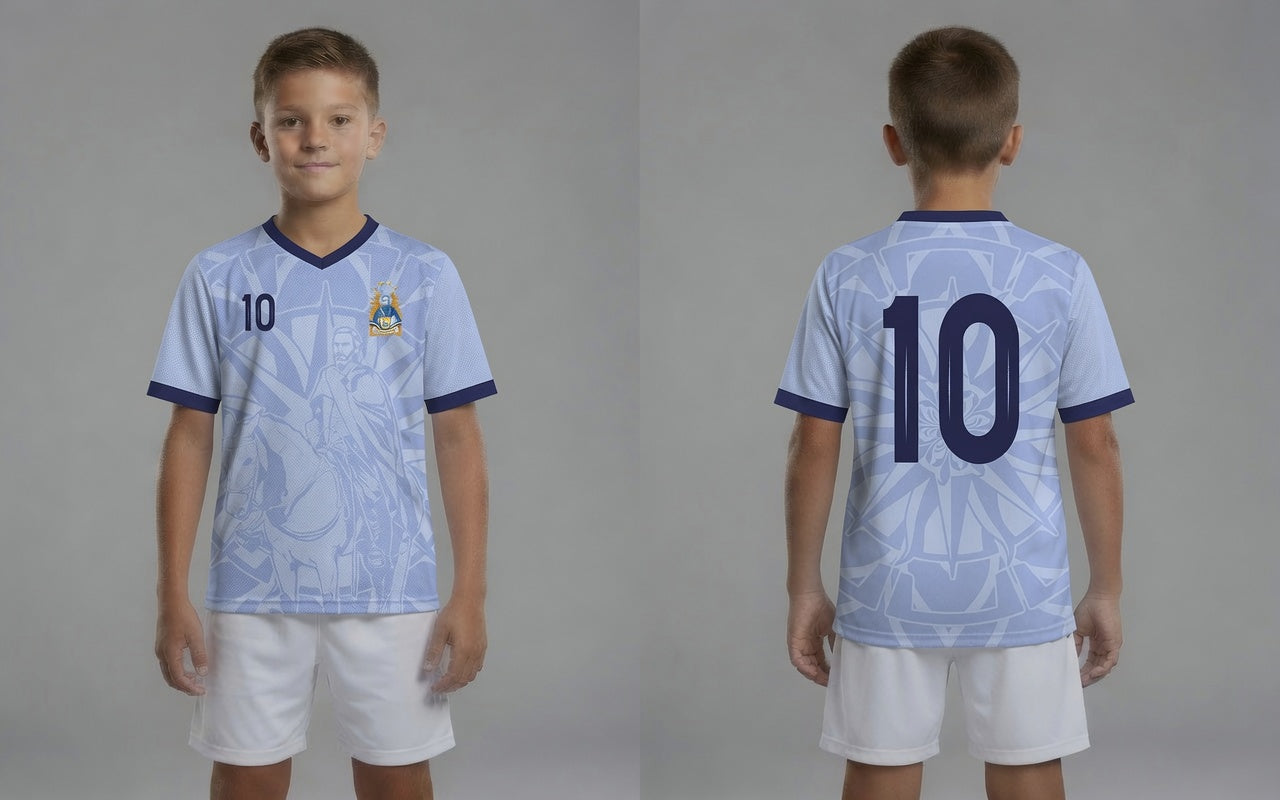 Front and back view of Uruguay 2026 home jersey in sky blue with General Jose Artigas and Sun of May motifs