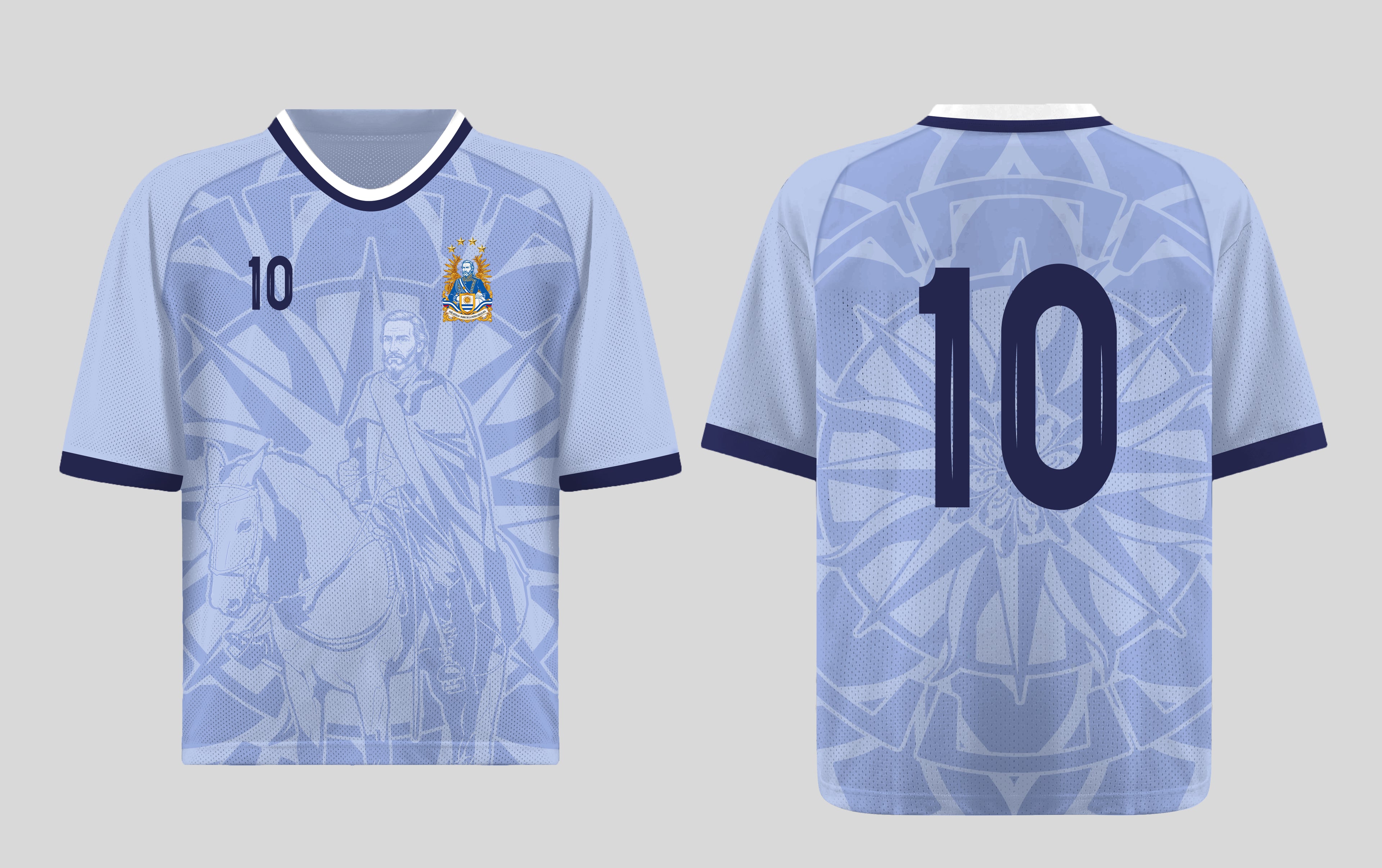 Front and back view of Uruguay 2026 home jersey in sky blue with General Jose Artigas and Sun of May motifs