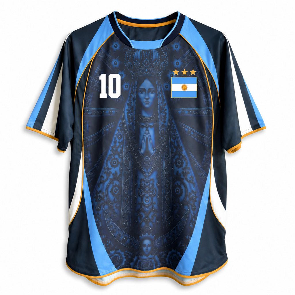 Varldens Argentina Virgen de Luján Heritage 2027 Away Jersey featuring Fileteado Porteño art and #10 styling.