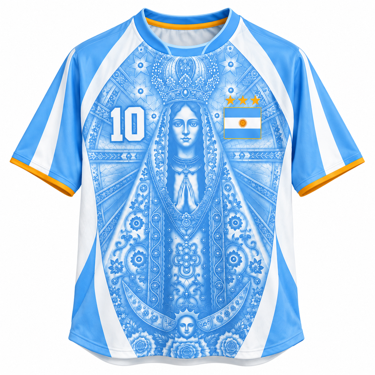 Varldens Argentina Virgen de Luján Heritage 2027 Home Jersey featuring Fileteado Porteño art and #10 styling.