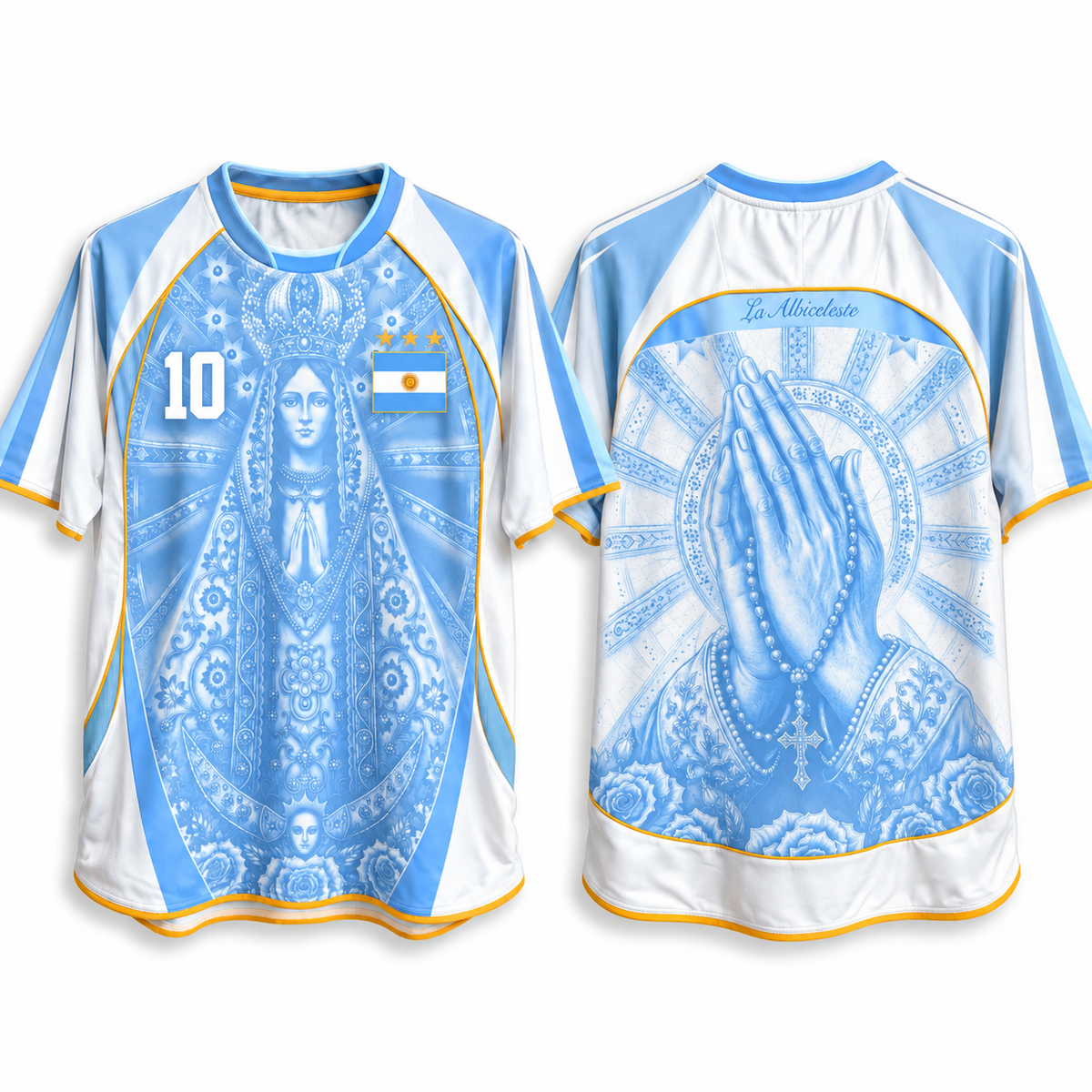 Varldens Argentina Virgen de Luján Heritage 2027 Home Jersey featuring Fileteado Porteño art and #10 styling.