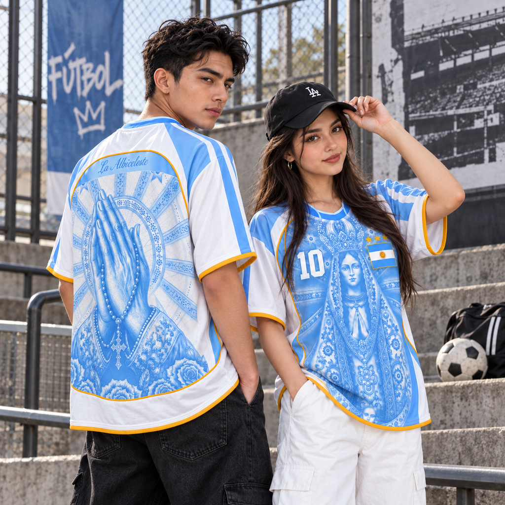 Varldens Argentina Virgen de Luján Heritage 2027 Home Jersey featuring Fileteado Porteño art and #10 styling.
