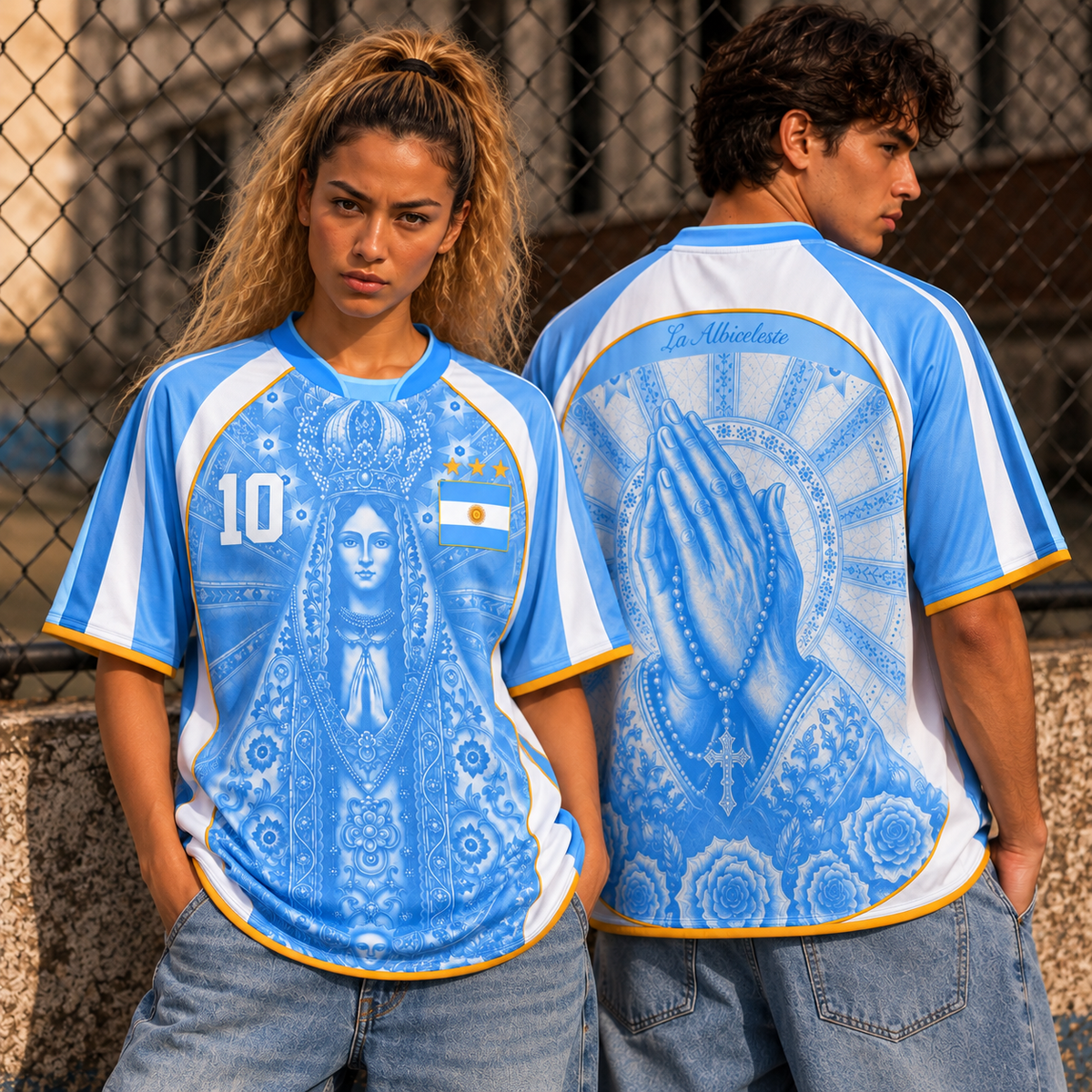 Varldens Argentina Virgen de Luján Heritage 2027 Home Jersey featuring Fileteado Porteño art and #10 styling.