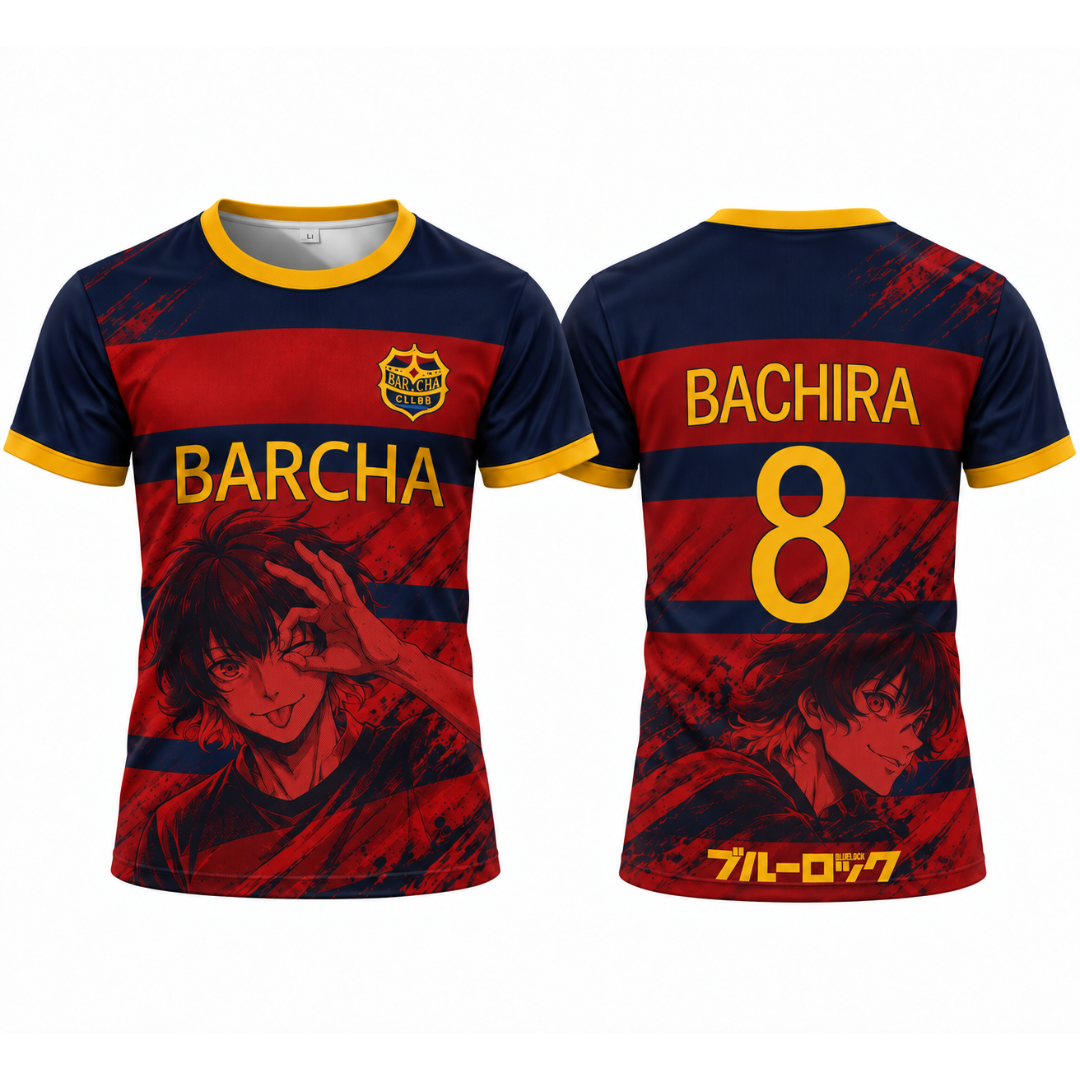 Front and back views of a short-sleeve soccer jersey featuring a red and navy blue striped design with anime character graphics, yellow trim, and the name BARCHA with number 8 on the back. Varldens Blue Lock Bachira Meguru Barcha Heritage Jersey featuring anime number 8 and Barcha club crest.