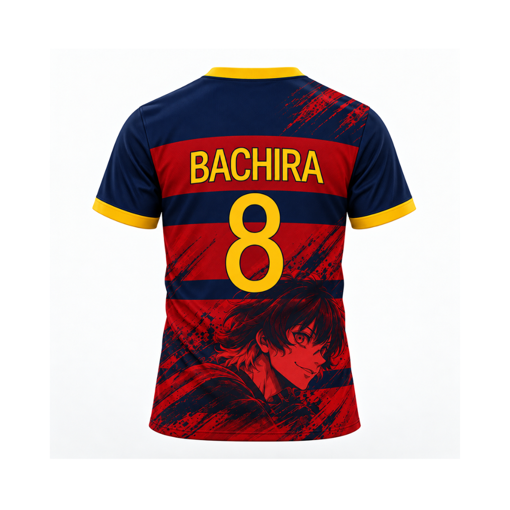A short-sleeve soccer jersey shown from the back on a white background. The jersey has navy blue and red horizontal stripes with yellow trim at the collar and sleeve cuffs. Varldens Blue Lock Bachira Meguru Barcha Heritage Jersey featuring anime number 8 and Barcha club crest.
