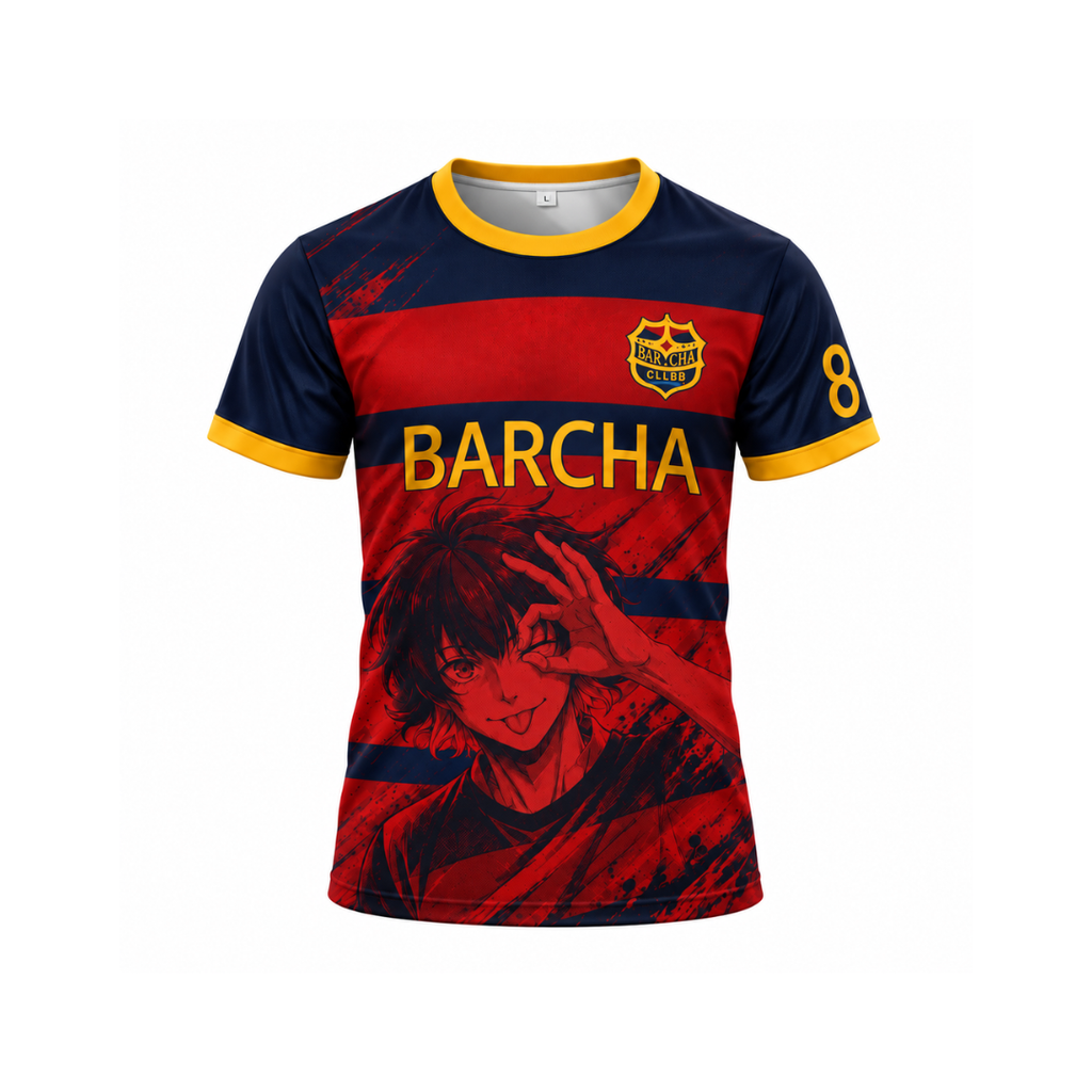 A short-sleeve soccer jersey with a red and navy blue horizontal stripe design, yellow trim at the collar and cuffs, the word 'BARCHA' across the chest, a crest on the left chest, and a large anime-style graphic on the front. Varldens Blue Lock Bachira Meguru Barcha Heritage Jersey featuring anime number 8 and Barcha club crest.