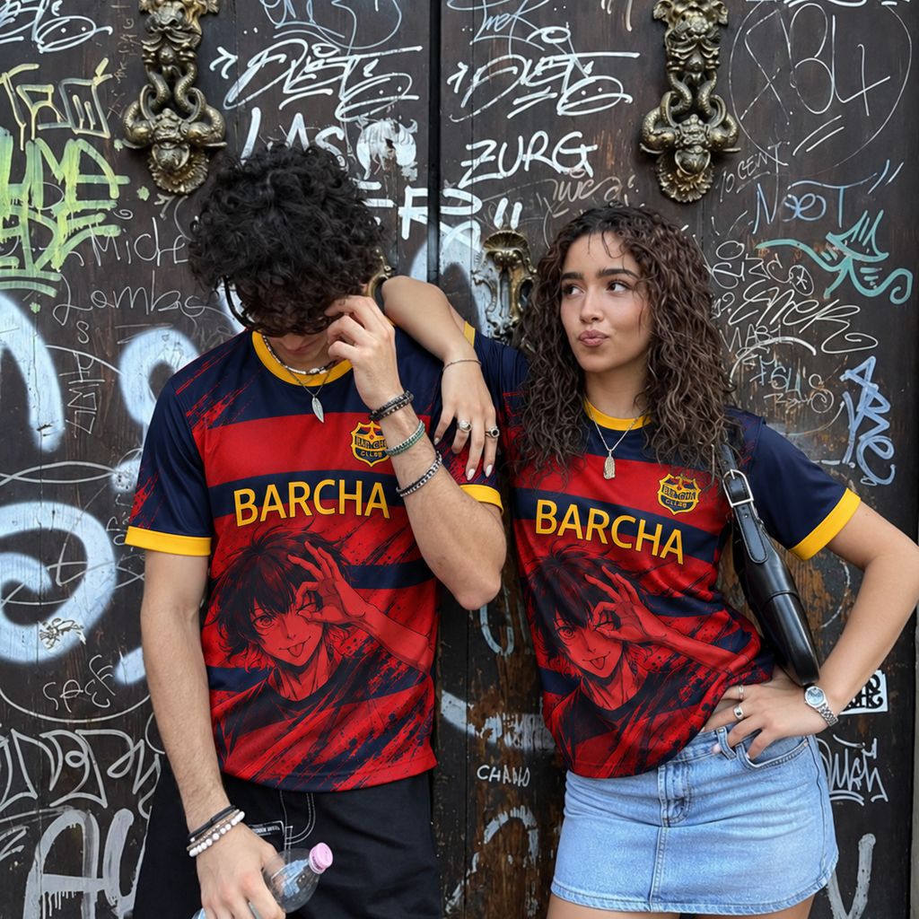 Two people wearing matching red and navy Barcha soccer jerseys pose in front of a graffiti-covered metal door. The jersey features a red and navy graphic design with yellow 'BARCHA' text and club crest details. Varldens Blue Lock Bachira Meguru Barcha Heritage Jersey featuring anime number 8 and Barcha club crest.